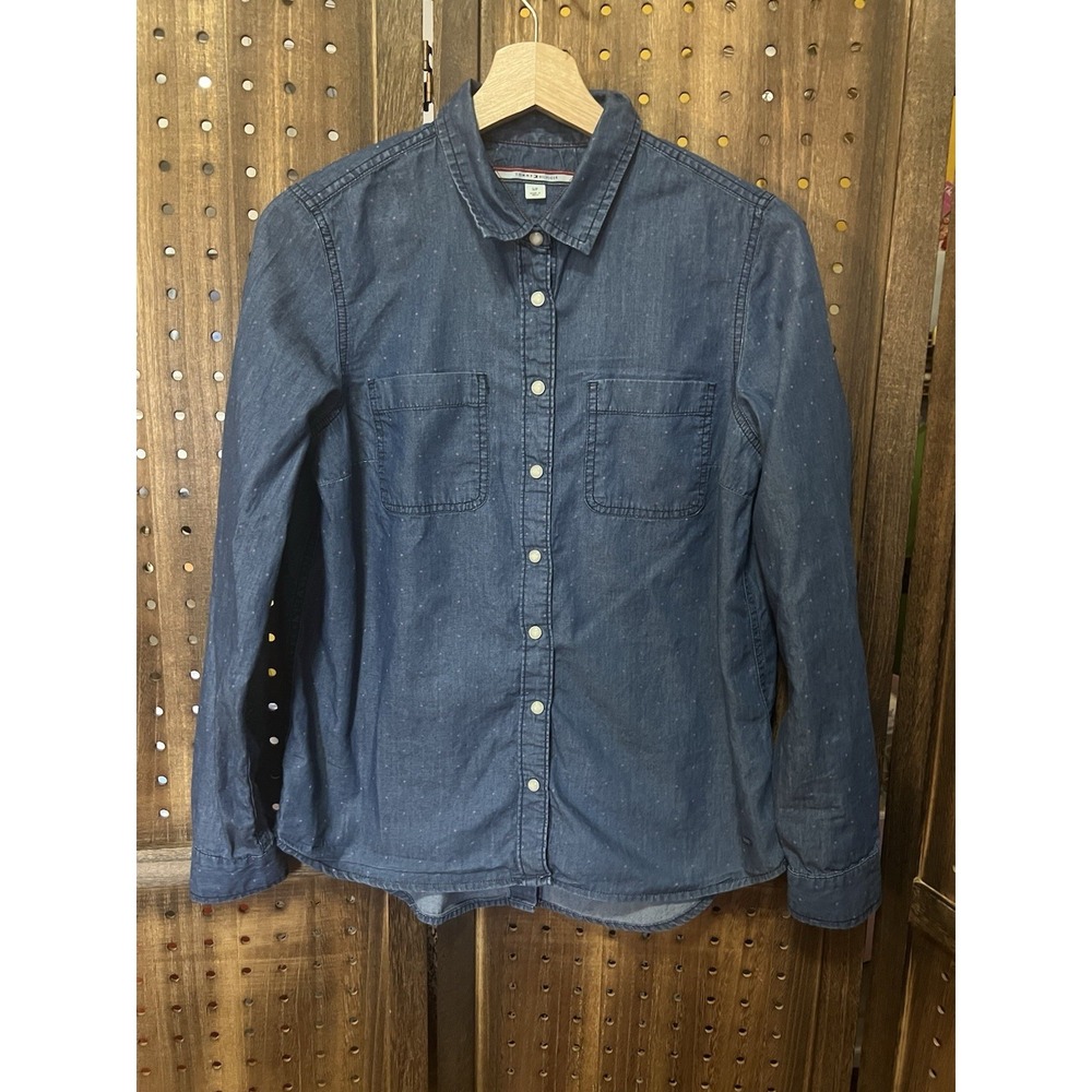 Tommy Hilfiger Chambray Denim Shirt Size S/P Pearl Snaps Polka Dots - Picture 2 of 11